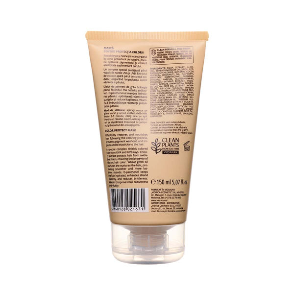 Mască Color Protect pentru păr, Viorica, 150ml, ingrediente naturale, ambalaj crem, text clar explicativ.