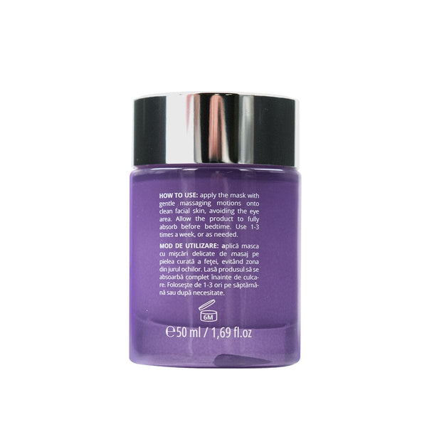 Borcan violet cu capac argintiu, conținând mască soufflé nocturnă cu lavandă, textură cremoasă, 50 ml.