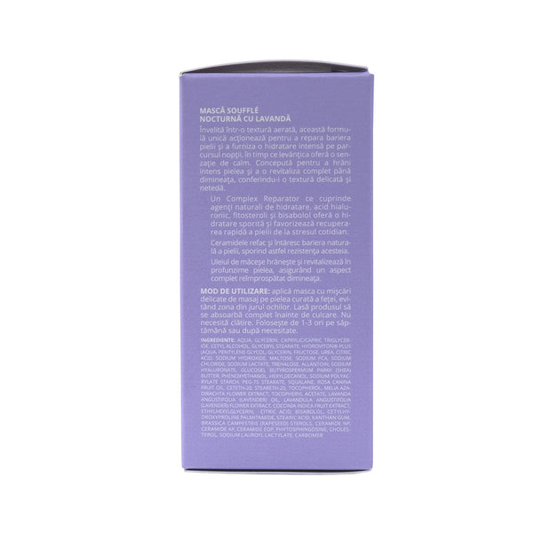 Mască soufflé lavandă cutie mov, detaliu textură și ingrediente pentru ten uscat, hidratare nocturnă.