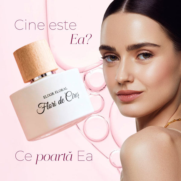 Parfum Elixir Floral Flori de Cireș cu capac din lemn și sticlă albă, fundal roz delicat.