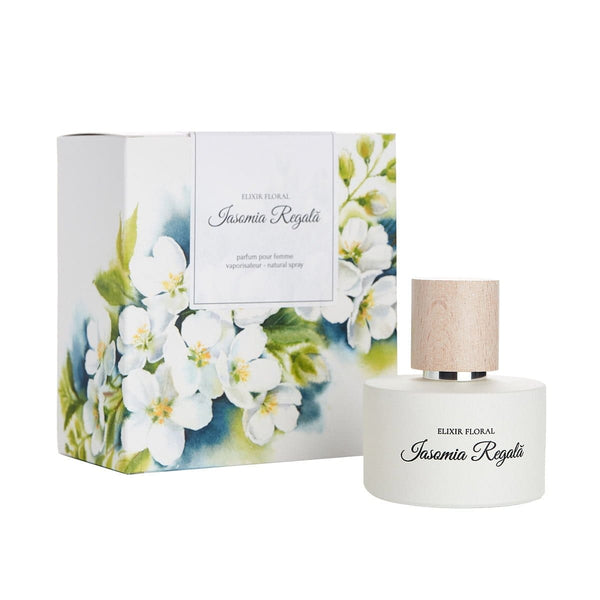 Parfum Elixir Floral Iasomie Regală, sticlă albă, capac lemn, cutie decorată flori albe.