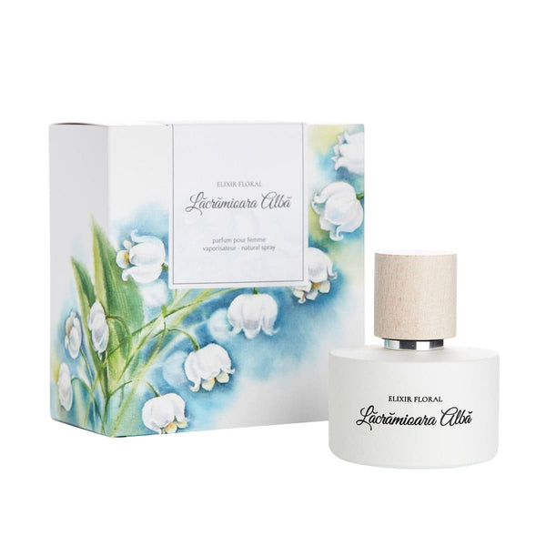 Parfum Elixir Floral Lăcrămioara Albă, sticlă albă, capac lemn, cutie decorată lăcrămioare.