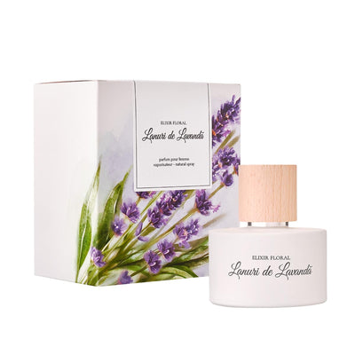 Parfum „Elixir Floral Lanuri de Lavandă” cu ambalaj decorativ lavandă.