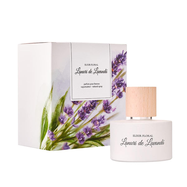 Parfum „Elixir Floral Lanuri de Lavandă” cu ambalaj decorativ lavandă.