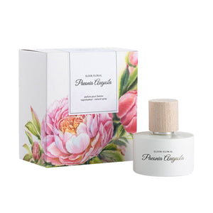 Parfum „Elixir Floral Paeonia Augusta”, cutie cu ilustrație bujor, capac lemn, sticlă albă elegantă.