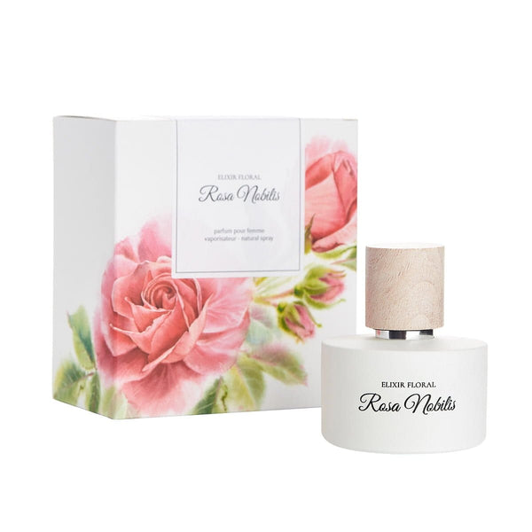 Parfum Elixir Floral Rosa Nobilis, sticlă albă cu capac lemn, cutie decor trandafiri roz.