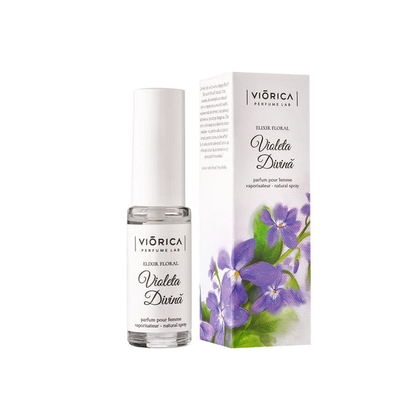 Parfum Elixir Floral Violeta Divină, mini, violet, ambalaj elegant cu flori mov.