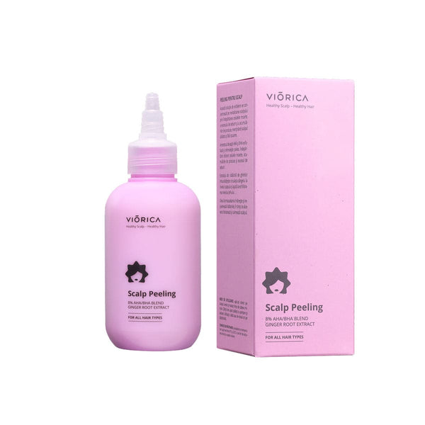 Peeling pentru scalp Viorica, sticlă și cutie roz, pentru toate tipurile de păr.