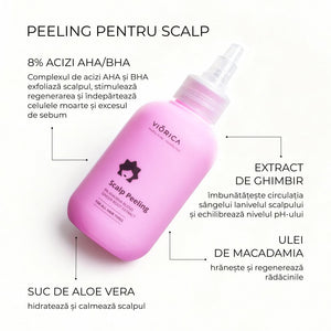 Sticlă roz Peeling Scalp Viorica, 8% AHA/BHA, cu guler transparent, extract de ghimbir și aloe vera.