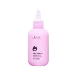 Peeling pentru scalp Viorica, sticlă roz cu capac alb, formulă AHA/BHA și extract de ghimbir.
