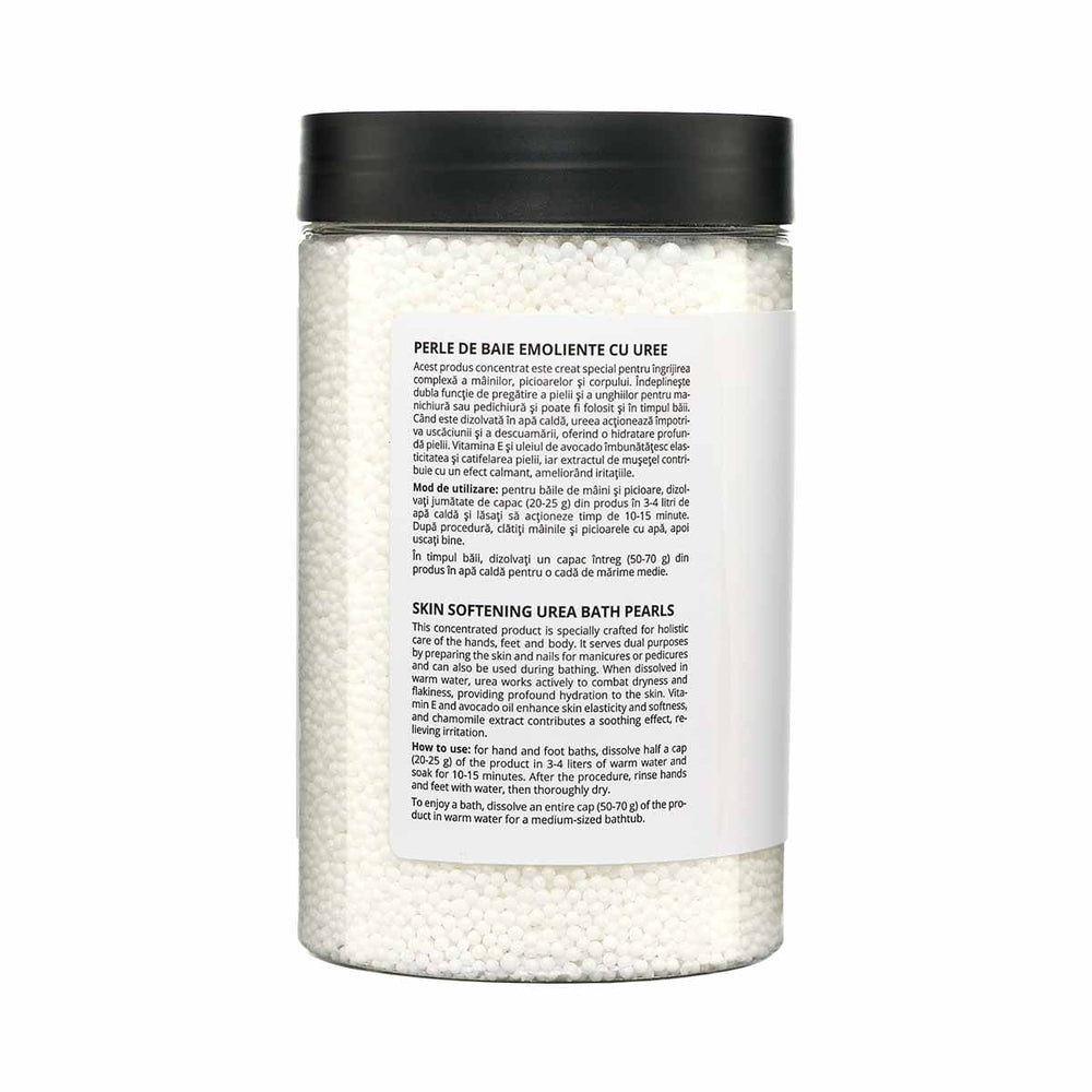 Perle de baie emoliente cu uree Viorica, alb, în ambalaj transparent cu capac negru.