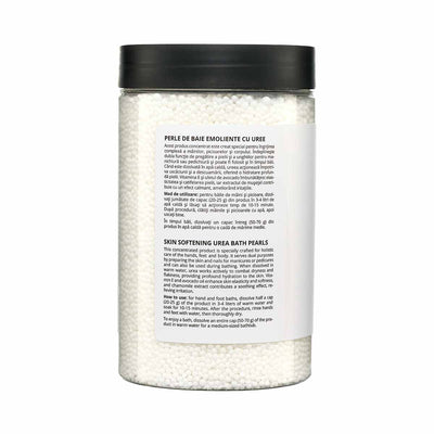 Perle de baie emoliente cu uree Viorica, alb, în ambalaj transparent cu capac negru.