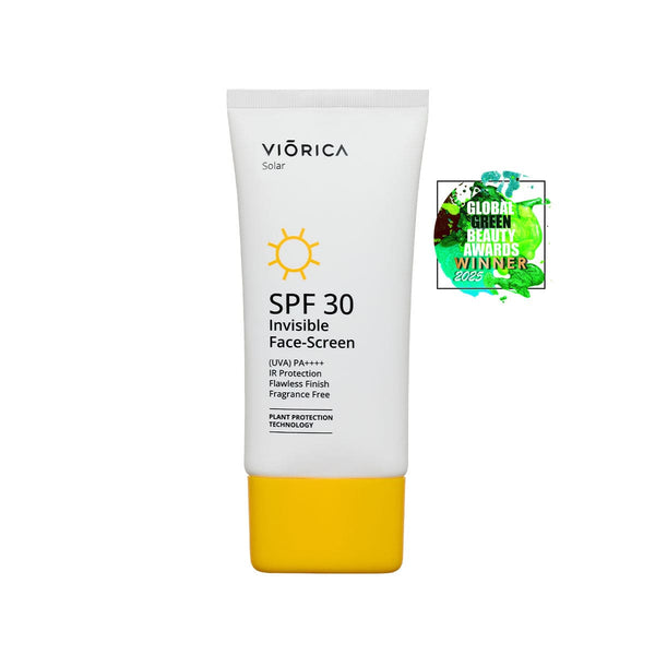 Cremă protecţie solară invizibilă SPF 30 Viorica, tub alb cu capac galben, premiu Global Green Beauty Awards.