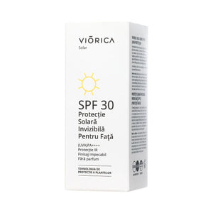 Cutie albă, design minimalist, simbol soare galben, text SPF 30, protecție solară, fără parfum.