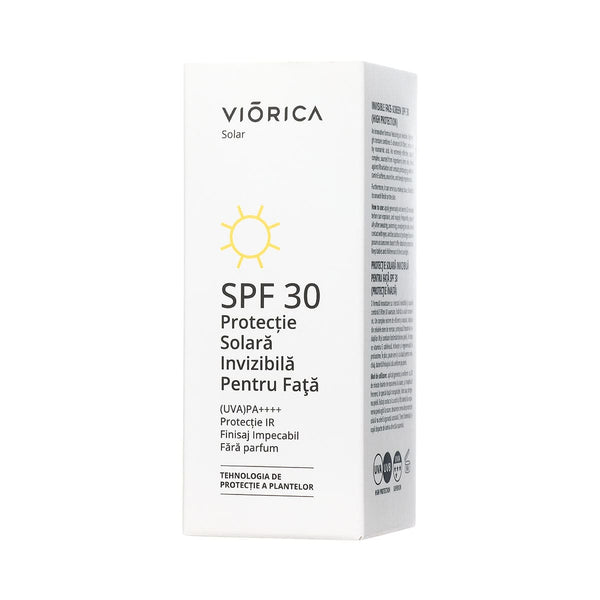 Cutie albă, design minimalist, simbol soare galben, text SPF 30, protecție solară, fără parfum.