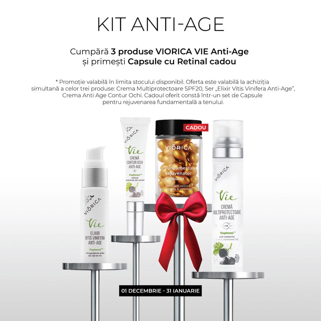 Set Viorica Vie Anti-Age cu ser, creme și capsule cadou cu retinal, fundal alb elegant.