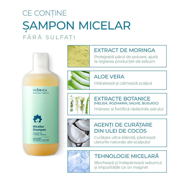 Șampon micelar fără sulfați cu Moringa, Aloe Vera și ulei de cocos, ideal pentru păr gras, formulă blândă.