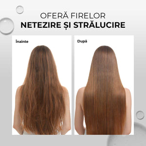 Păr înainte și după utilizarea șamponului Nutri-Reparator 5+5 Viorica, efect de netezire și strălucire.