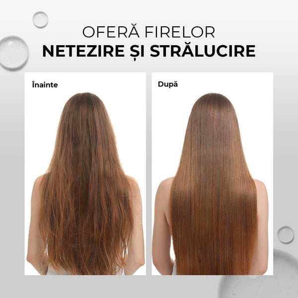 Păr înainte și după utilizarea șamponului Nutri-Reparator 5+5 Viorica, efect de netezire și strălucire.