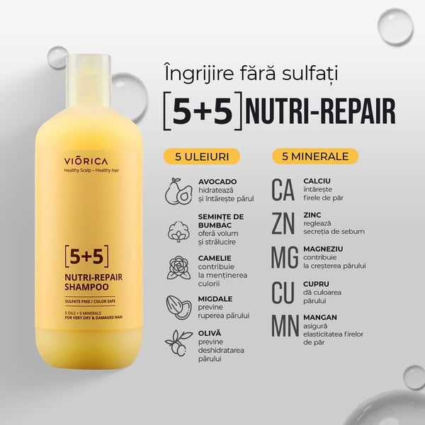 Șampon Nutri-Reparator Viorica 5+5 pentru păr uscat, flacon galben, conține uleiuri și minerale pentru reparare.
