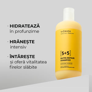 Sticlă galbenă șampon Viorica Nutri-Repair 5+5, fără sulfați, pentru păr uscat și deteriorat.