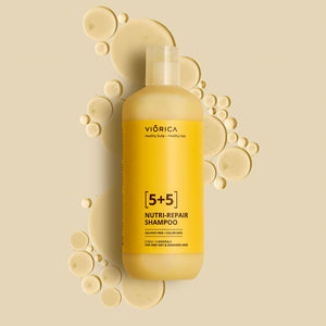 Șampon Nutri-Reparator 5+5 Viorica, sticlă galbenă, textură cremoasă pentru păr uscat și deteriorat.