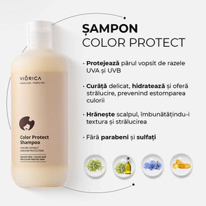 Șampon Viorica Color Protect, sticlă crem, textură fină, fără parabeni și sulfați, protecție UVA/UVB, extract de cicoare.