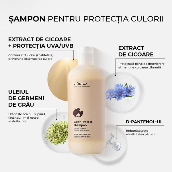 Șampon Viorica pentru protecția culorii, extract cicoare, ulei germeni grâu, D-pantenol, sticlă crem.