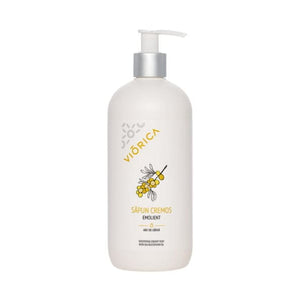 Săpun Cremă Emolient Viorica, sticlă albă, ulei cătină, pompiță argintie.