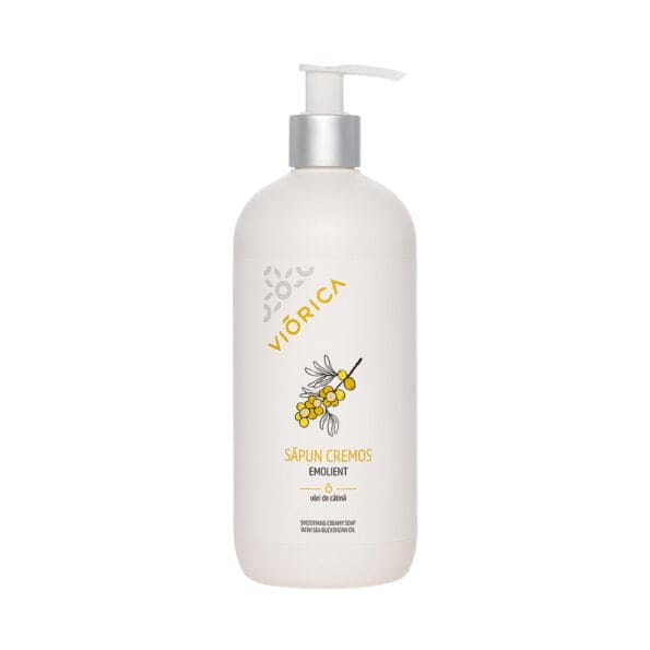 Săpun Cremă Emolient Viorica, sticlă albă, ulei cătină, pompiță argintie.