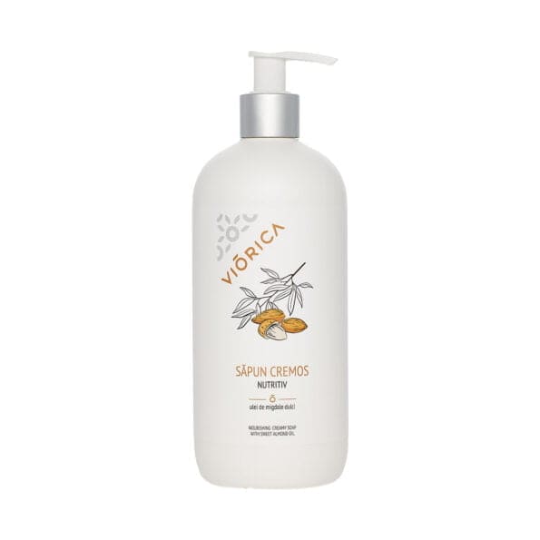 Săpun Cremă Nutritiv cu ulei de migdale, alantoină; flacon alb, etichetă cu migdale.