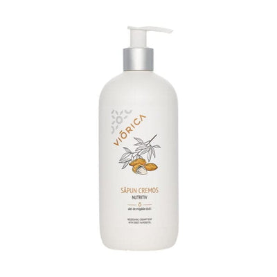 Săpun Cremă Nutritiv cu ulei de migdale, alantoină; flacon alb, etichetă cu migdale.