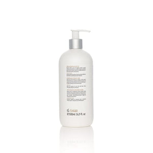 Sticlă săpun cremă alb cu pompă argintie, detalii etichetă text.