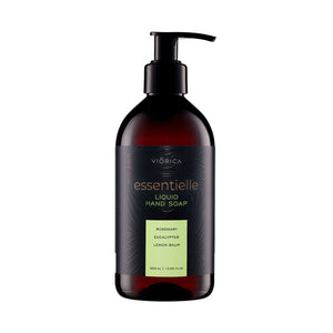 Sticlă de săpun lichid Viorica Essentielle cu rozmarin, eucalipt, etichetă neagră, capac negru, 400 ml.