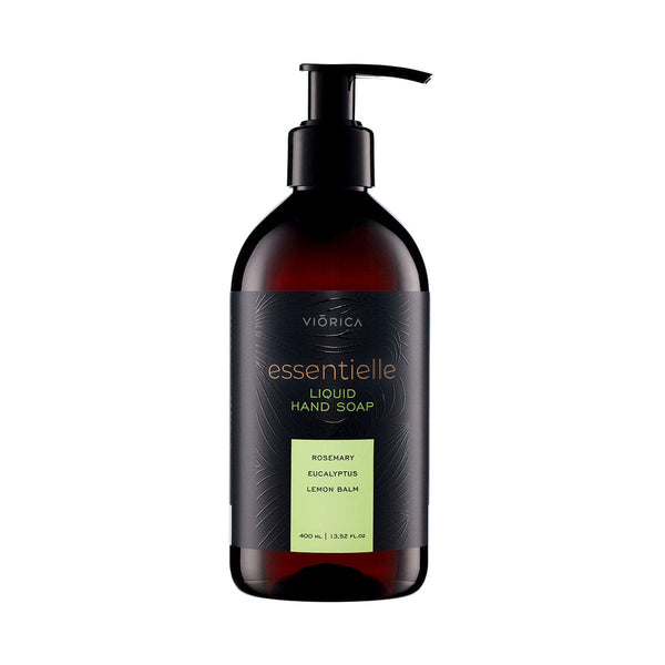 Sticlă de săpun lichid Viorica Essentielle cu rozmarin, eucalipt, etichetă neagră, capac negru, 400 ml.