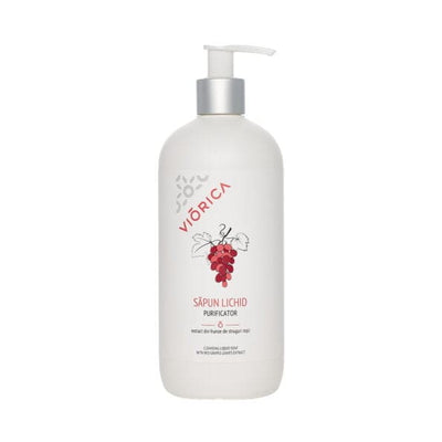 Săpun lichid purificator Viorica în recipient alb cu design struguri roșii.