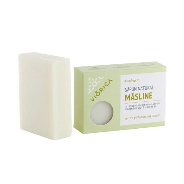 Săpun natural handmade cu măsline, cutie verde, bloc alb, pentru piele uscată.