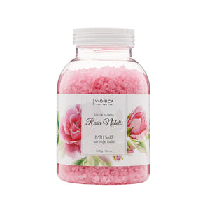 Sare de baie roz „Elixir Floral Rosa Nobilis” în borcan transparent, 1000g, cu etichetă florală.