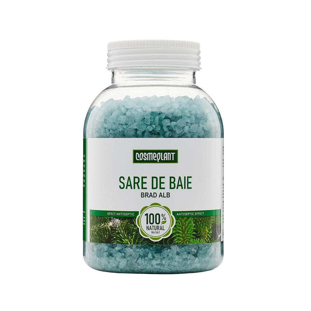 Sare de baie cu brad alb, cristale verzi-marin, flacon transparent, etichetă verde.