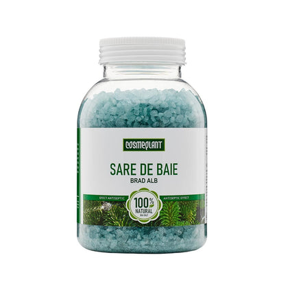 Sare de baie cu brad alb, cristale verzi-marin, flacon transparent, etichetă verde.