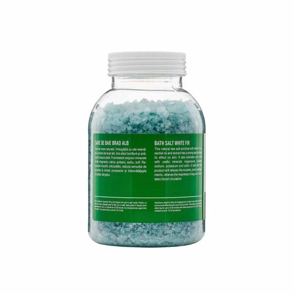 Sare de baie verde-albăstruie în borcan transparent cu capac alb, etichetă verde, conține extract de brad alb.