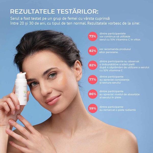 Femeie ținând flacon alb ser Vitamina C 10% pe fundal albastru, ten uniform și radiant.