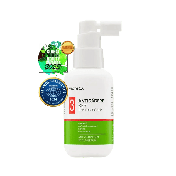 Ser Anticădere pentru Scalp Viorica, flacon alb-verde cu pulverizator.