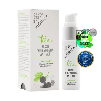 Ser Elixir Vitis Vinifera Anti-Age Viorica Vie cu Viephenol™, sticlă albă, cutie albă cu text verde.