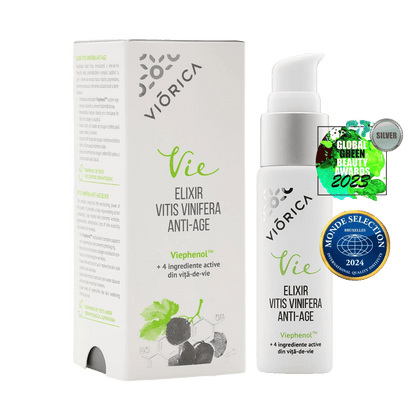 Ser Elixir Vitis Vinifera Anti-Age Viorica Vie cu Viephenol™, sticlă albă, cutie albă cu text verde.