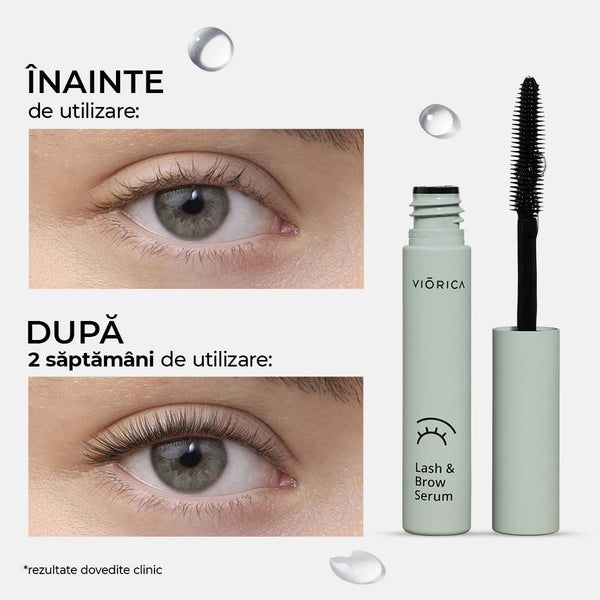 Ser pentru gene și sprâncene Viorica, sticlă verde, aplicator negru, rezultate vizibile după 2 săptămâni.
