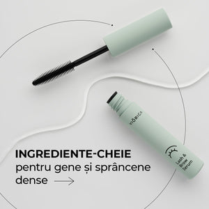 Ser Viorica pentru gene și sprâncene, ambalaj verde pastel, cu aplicator negru și textură fluidă.