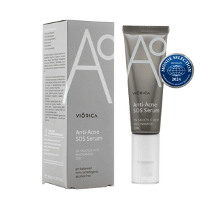 Ser SOS Antiacneic, A0, cu acid salicilic, niacinamide, zinc, ambalaj argintiu, etichetă distinctivă.