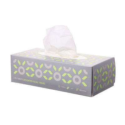 Cutie de șervețele uscate, model floral verde pe fundal gri, 100% celuloză.