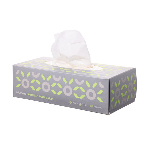 Cutie de șervețele uscate, model floral verde pe fundal gri, 100% celuloză.